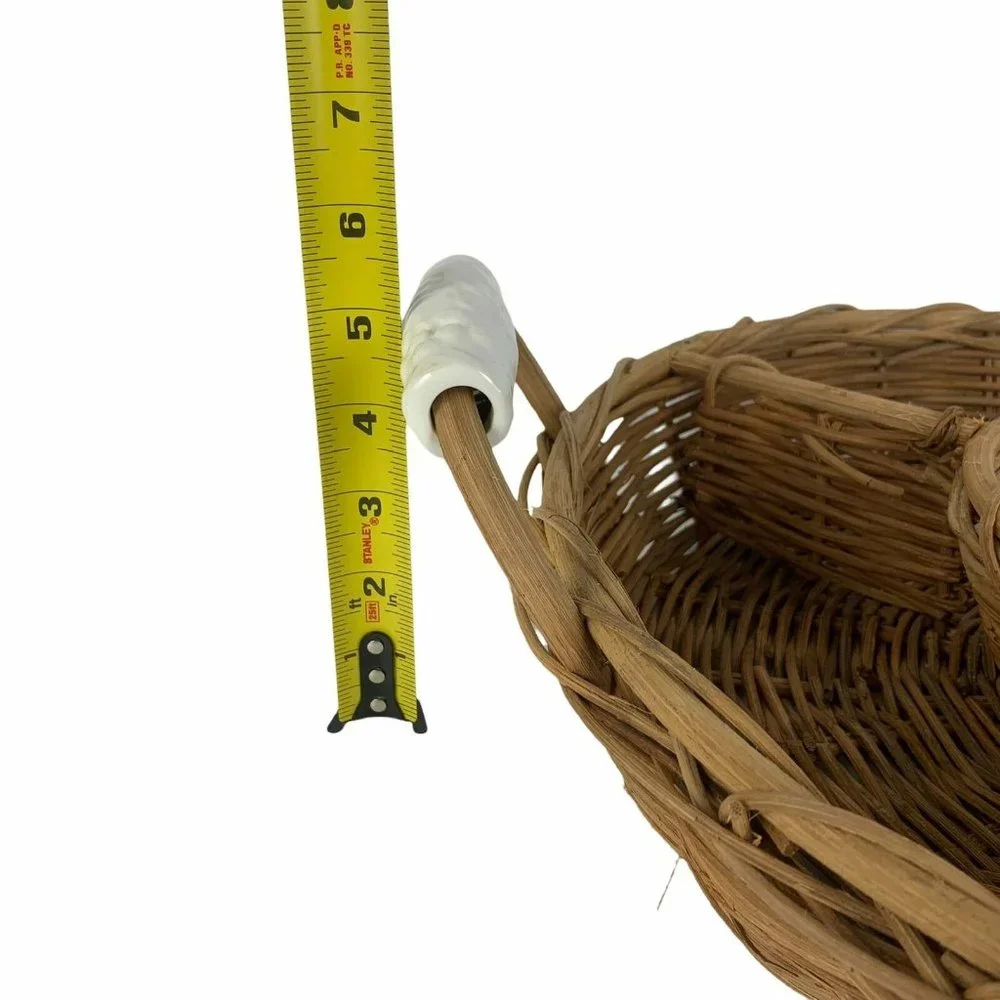 Large Round Sectioned Wicker Serving Basket Divided Ceramic Handles Organization